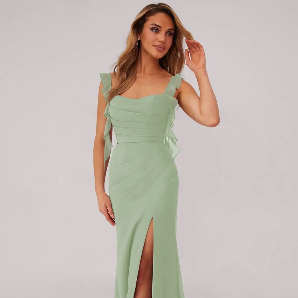 Azazie Sage Green Ruffle Strap Wedding Dress